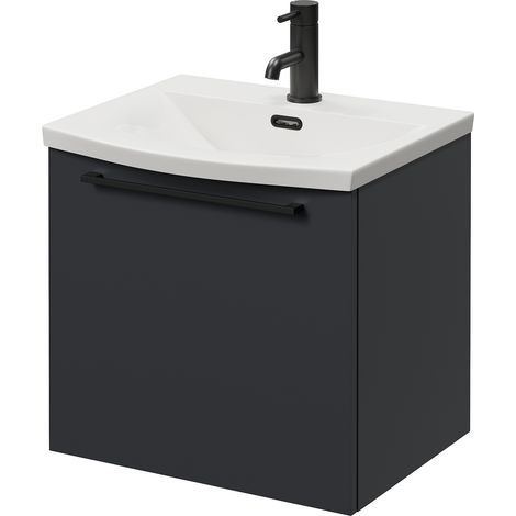 Napoli 390 Gloss Grey 500mm Wall Mounted Single Drawer Vanity Unit with Arc Basin - 500mm - Matt Black 320mm Handle