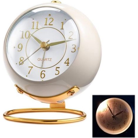 pièce - Petite horloge de table - Réveil silencieux en métal avec veilleuse - Réveil de bureau - avec veilleuse - Verre HD - Blanc - Convient aux étudiants et aux enfants - Convient comme décoration d (1/5)