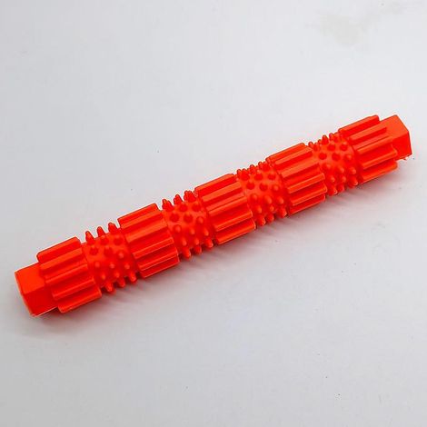Ein orangefarbenes Kauspielzeug für Haustiere, ein 180 mm x 28 mm großer Zahnmahlstein, in dessen Zähnen Hundefutter platziert werden kann. (1/5)