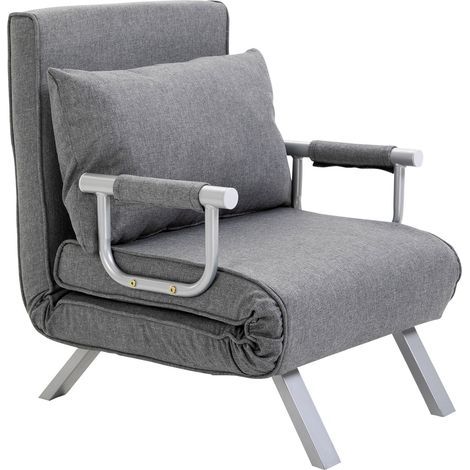 Fauteuil chauffeuse canapé-lit Convertible 1 Place déhoussable Grand Confort Coussin Pieds accoudoirs métal Lin Gris Clair (1/5)
