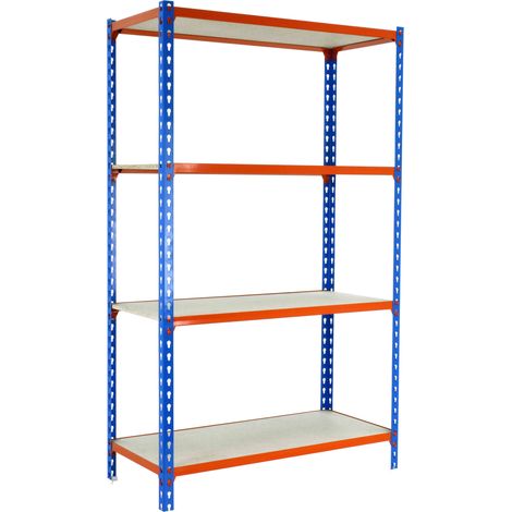 SimonRack Scaffale Portaoggetti, 1500x1000x300 mm, 4 Ripiani in Legno, Portata 150 kg per Ripiano, Scaffale da Garage, Blu/Arancione/Legno – Maderclick