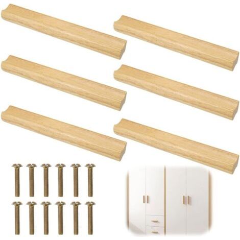 Pair 6 Pièces Poignée Meuble Bois 160mm, Poignee de Meuble Cuisine Bois, Cuisine Poignées de Tiroir en bois avec Vis, pour Portes, Tiroirs, Armoires (1/5)