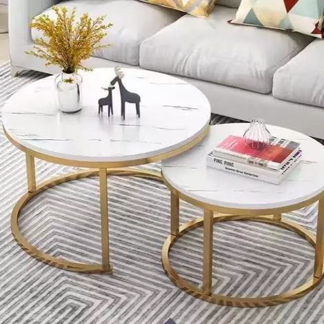 Lot de 2 tables basses gigognes rondes pour salon/chambre/petit espace - blanc et doré (1/5)