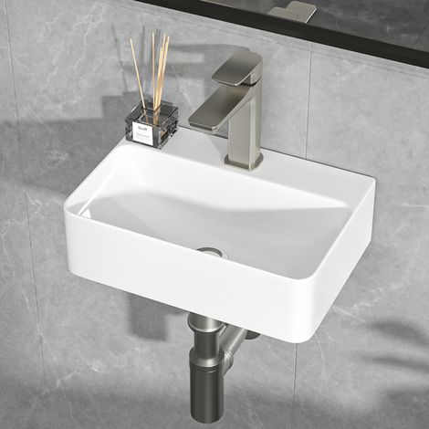 Geworzi Lavabo suspendu céramique avec trou de robinetterie Lave Mains Rectangulaire 36 x 25 cm (1/5)