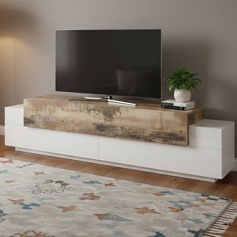 Dmora Mueble para TV para sala de estar, Made in Italy, Mueble para TV con 3 puertas y estantes, cm 200x45h52, Blanco brillante y color arce, con embalaje reforzado (1/5)