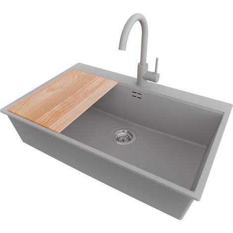 PRIMAGRAN Evier Cuisine en Granit 78x50cm,Lavabo 1 bac + Robinet 32x20cm + Kit de Vidage + Planche à Découper, Évier à Encastrer au meuble 80cm - Oslo, Gris (1/5)