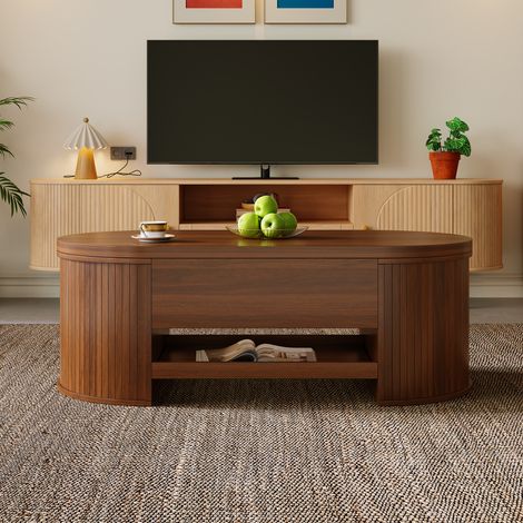 Table basse relevable, avec côtés en bois courbés, étagère coulissante, plateau relevable, meuble multifonction pour le salon. (1/5)