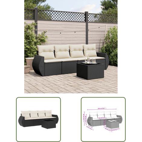 The Living Store Salon de jardin 5 pcs avec coussins noir résine tressée - Ensemble Salon De Jardin - Mobilier De Jardin - Canapé Jardin - Set Salon Exterieur - Chaise Jardin (1/3)
