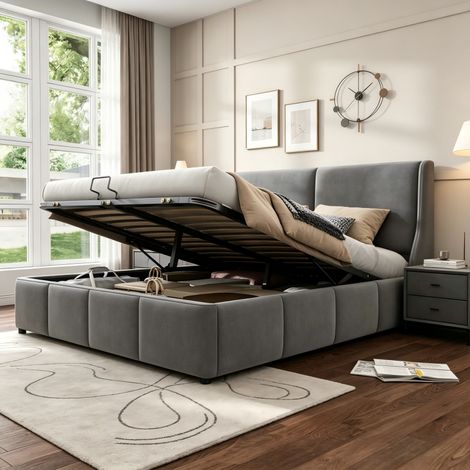 lit double 140x190, lit adulte avec rangement à vérin hydraulique, cadre de lit, Lit coffre 2 Personnes, Gris, sans matelas, Velours (1/5)