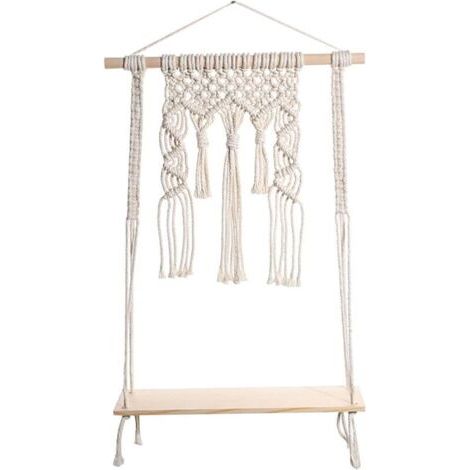 BUNTHAUS Étagère murale suspendue en macramé avec tablette en bois – Décoration intérieure bohème