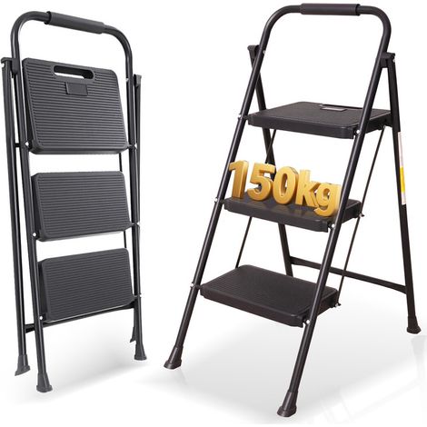OUTIGO Escabeau 3 Marches Pliable – Petit Escabeau Fait en Acier Alliage, Marches Antidérapantes, Épaisseur Pliée 4,7 cm, Charge 150 kg, sans Montage – pour Cuisine, Garage & Bureau