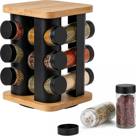 Relaxdays Spice Carousel, 12 jars, 360° rotating rack, HxWxD 21 x 18.5 x 18.5 cm, bamboo, stainless steel, natural/black (1/5)