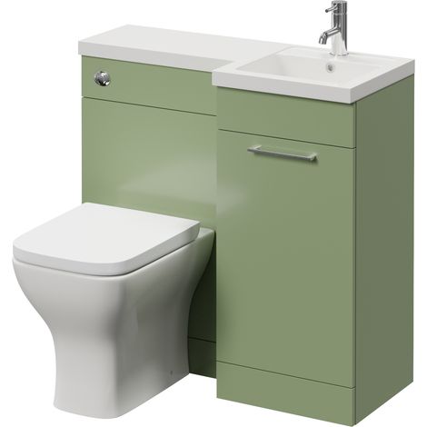 Napoli 390 Olive Green 900mm Single Door Vanity Unit Toilet Suite with Right Hand Square Lucia Basin - 900mm - Chrome 160mm HandleWith Kingston Toilet Pan and Seat