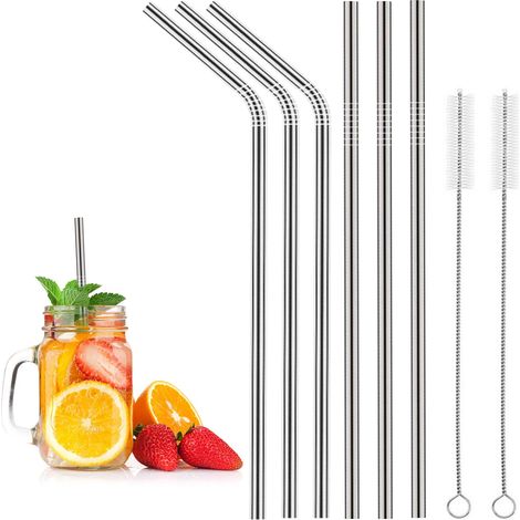 Paille En Acier Inoxydable - 12 Pièces (6 Droites + 6 Courbées) - 21 Cm - Avec 2 Brosses De Nettoyage Et 1 Sac De Transport - Pour Cocktails Cafés Glacés Smoothies (1/5)