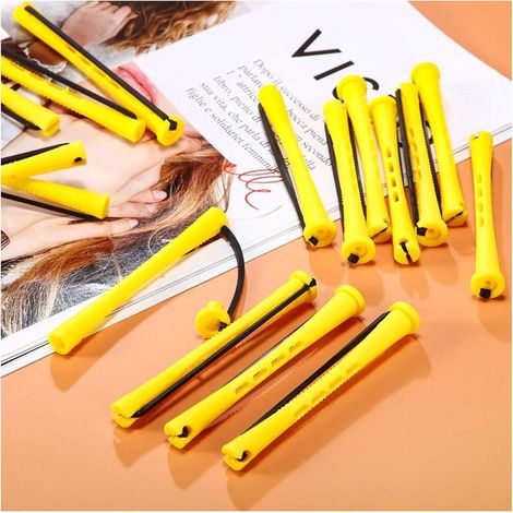 KZQ Lot de 60 bigoudis auto-adhésifs pour cheveux longs (0 cm) - Fer à friser à froid - Rouleau velcro - Outil de coiffure - Jaune (1/4)