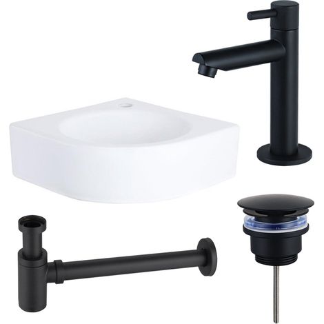FugaFlow Eccelente Pietra ensemble de lavabo - 30x30x10cm - 1 trou de robinet - angle - céramique - robinet de lavabo noir mat - blanc brillant