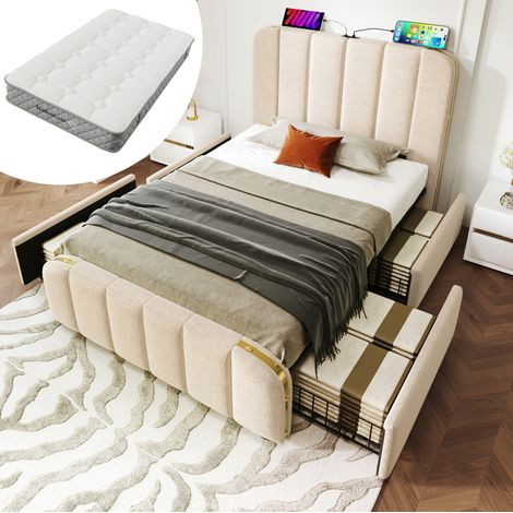 DESVIAE Lit simple rembourré avec tête de lit USB Type C 4 tiroirs 90 x 200 cm beige matelas 7 zones H3 inclus (1/5)