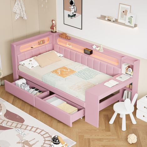 MEUBLIV Cama 90x200 cm rosa – con escritorio, LED y 2 cajones, sin colchón (1/5)