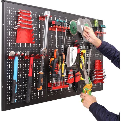 LIFERUN Werkzeugwand aus Metall, 120 x 60 x 2 cm Dreiteilige Lochwand Werkstatt, Erweiterbar Werkzeuglochwand mit 17tlg Haken und Halterungen, Werkzeug Wand für Werkstätten (1/5)