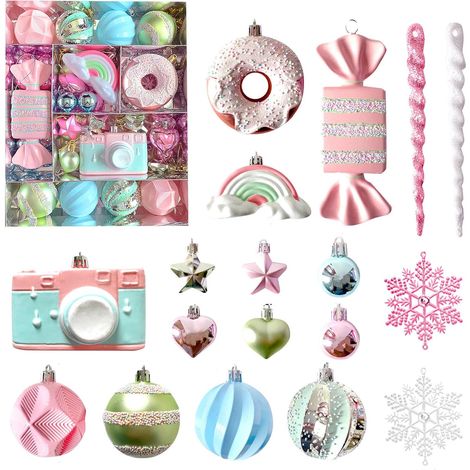 58-teilige Candyland-Weihnachtsdekorationen, pastellfarbene Süßigkeiten, unzerbrechlich, glitzernd, für Weihnachtsdekorationen zum Thema Süßigkeiten (rosa) (1/5)