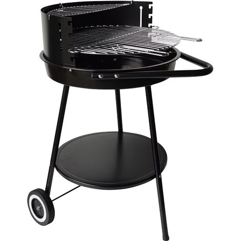 Barbacoa de carbón redonda con ruedas de altura regulable fabricada en acero esmaltado con parrilla de acero inoxidable