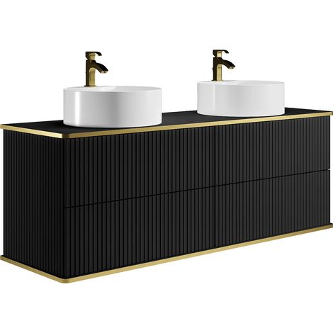 Mobile per bagno sospeso con scanalature con profilo Dorato doppio lavabo appoggio tondo 150 cm Nero - KELIZA