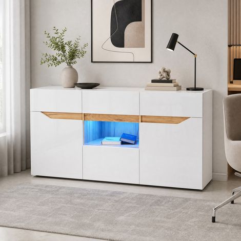 Buffet 140 x 40 x 70 cm avec 4 tiroirs, 2 placards, LED, blanc et effet bois HAVRYA (1/5)