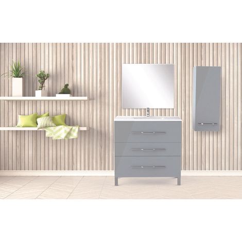 ONDEE - Mueble de baño de la colección ALAN- Entregado montado - Ancho 90cm - Gris lacado brillante (1/3)