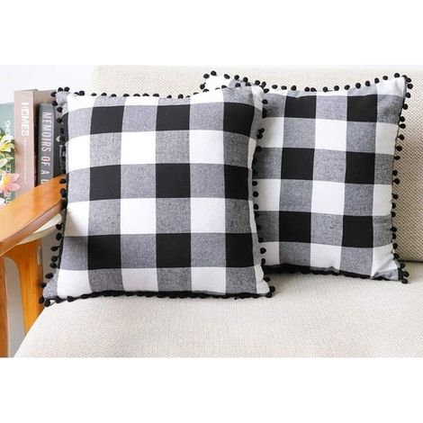 Lot de 2 Housses de Coussins Décoratifs à Carreaux Vichy Ferme d'Automne, avec Pompons, en Polyester pour Canapé, Noir et Blanc, 45 x 45 cm (1/5)