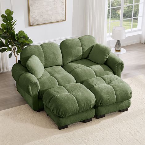 Canapé 2 places en tissu chenille, convertible en U, matelassé chic, coussins moelleux et soutenants, pouf détachable, montage simple, salon, vert (1/5)