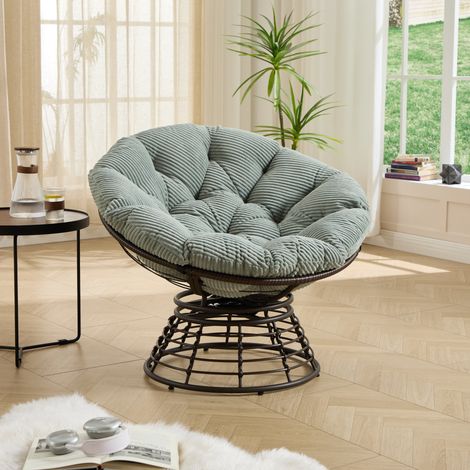 Sillón papasan giratorio 360° de ratán PE con cojín grueso, acero, gris verdoso HAVRYA (1/5)