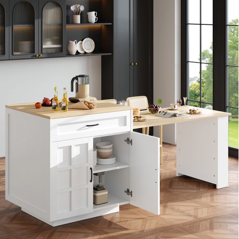 Table bar extensible 133-202x70x93.5 cm blanche en MDF avec rangement et plan effet marbre (1/5)