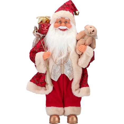 Babbo Natale decorativo color rosso e oro con regali e orsacchiotto decorazione natalizia h 40 cm