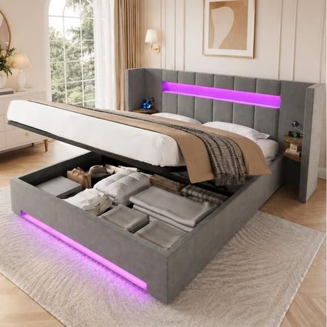 Lit coffre - SOGEU - 160 x 200 - Tête de lit velours large - 2 USB & LED intégrés - Mécanisme hydraulique (1/5)