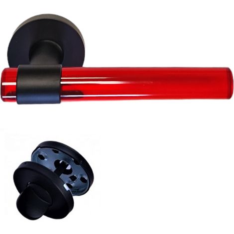 Poignées de Porte "JOY" ROUGES Plexiglas Cristallines sur Pieds Inox Noirs. +1 Paire de rosaces condamnation
