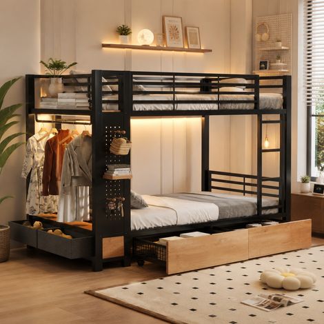 Lit mezzanine enfant en métal 90x200 cm,avec bande LED,4 tiroirs,panneau perforé,tringle à vêtements,espace de rangement,cadre de Lit superposé,Noir (1/5)