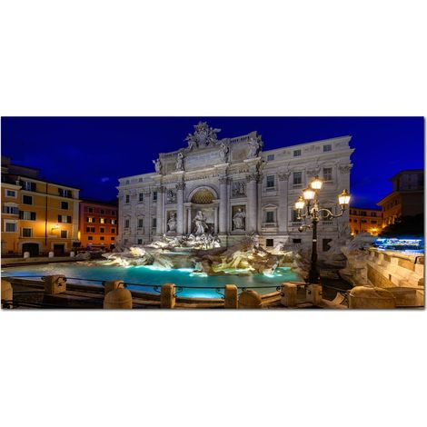 Lupia - Quadro moderno su Tela Canvas DEEP 65X143 cm, con paesaggi e localismi italiani, per casa, soggiorno, capezzale camera da letto, hotel, ufficio, ROMA - FONTANA DI TREVI NIGHT (1/4)
