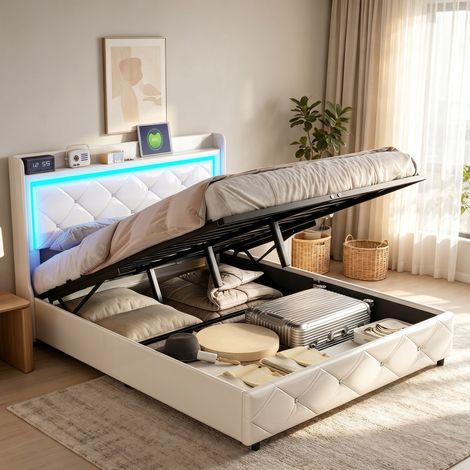 Letto matrimoniale 140x200 cm – Letto contenitore – Illuminazione a LED RGB – Porta USB – Sistema di contenimento idraulico – Rete a doghe – Pelle bianca (1/5)