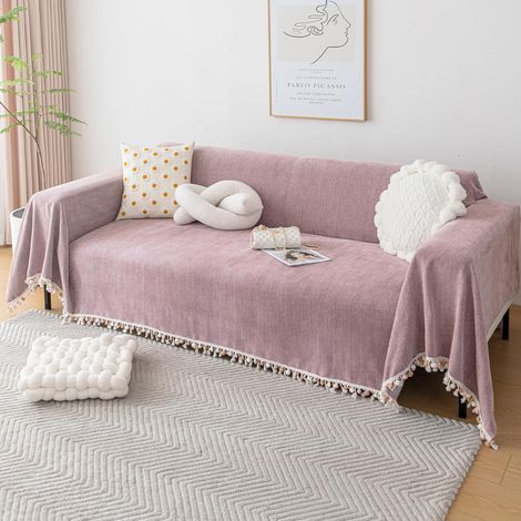 Manta para sofá de color liso con borlas decorativas, transpirable y ligera, rosa, 180x340 cm