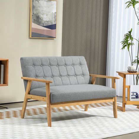Sofá de 2 Plazas Tapizado en Lino con Reposabrazos de Madera Respaldo Acolchado Carga 250 kg Gris Claro (1/5)