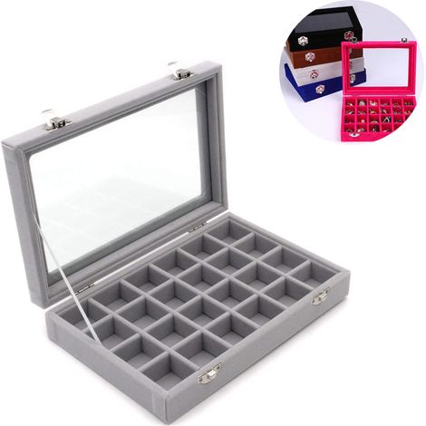 Plateau à bijoux en velours transparent à 24 compartiments avec couvercle transparent, vitrine à bijoux transparente, boîte de rangement et d'organisation à bijoux en feutre verrouillable, coffret à b (1/5)