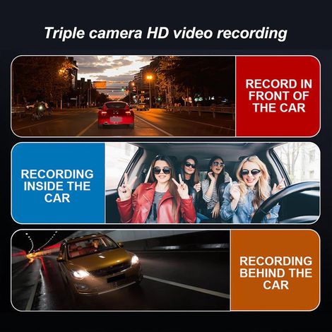 améra de Tableau de Bord 3 Canaux Avant et Arrière à L'intérieur, Caméra de Tableau de Bord HD 1080P pour Voitures, Caméra de Voiture Triple avec écran 3 Pouces, Vision (1/5)