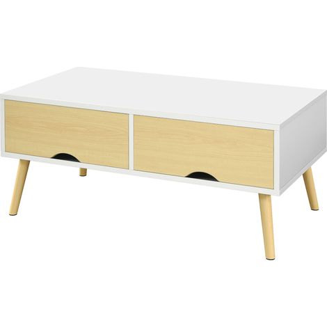 Table basse rectangulaire blanc et naturel 90x48x39 cm avec 2 tiroirs et compartiment ouvert