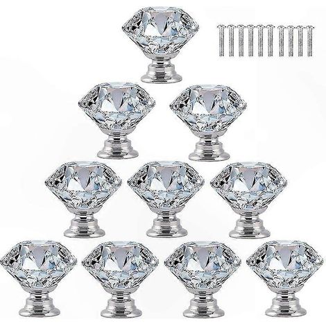 Poignées de meuble en verre cristal, lot de 10, forme diamant 30mm, tirettes transparentes pour tiroirs et placards, avec vis de fixation incluses. (1/5)