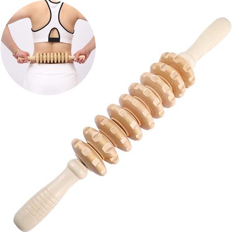Massage Roller Stick - 9 Rouleaux Indépendants - Bois Naturel - Pour Libération Myofasciale et Points Trigger - Usage Domestique et Sportif - 1 Pièce (1/5)