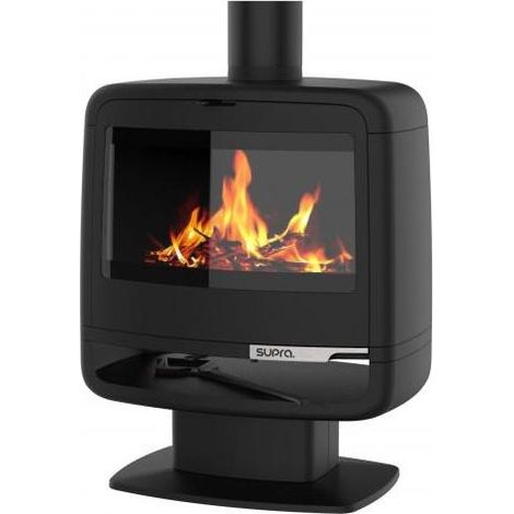Supra – Poêle à bois 10 kW en fonte – Double combustion – Évacuation des fumées arrière – Vision du feu 52,5 cm – Flamme verte 7 étoiles (1/5)