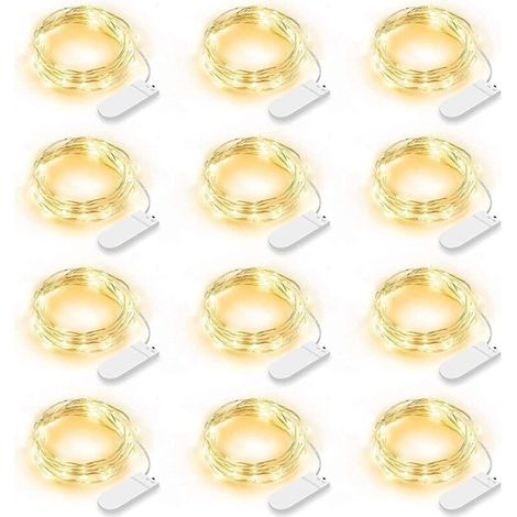 Luci a stringa LED a batteria da 2 m – Confezione da 12 stringhe impermeabili IP65 con 20 LED a luce bianca calda, per decorazioni interne/esterne