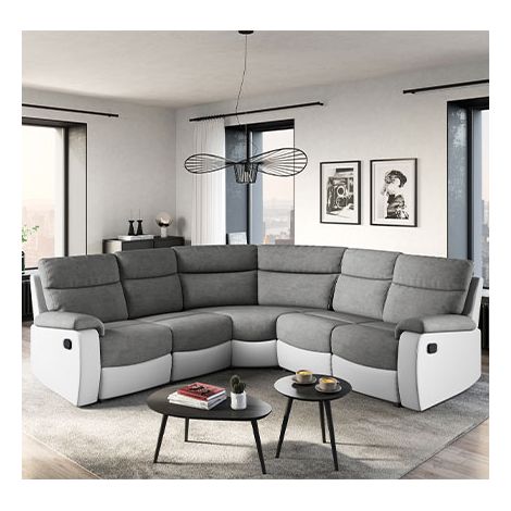 Loungitude – Canapé d'angle relax manuel 5 places en simili et microfibre gris – Dimensions 238x238x99 cm – Confort moderne et convivial (1/6)