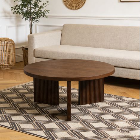 Tavolino da caffè rotondo 80 cm in MDF color noce marrone, 1 pezzo (1/5)