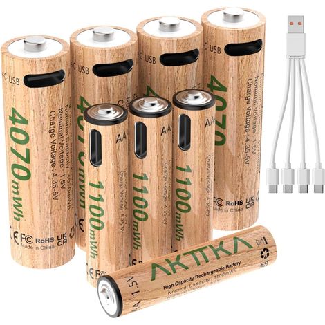 Piles Rechargeables AA et AAA au Lithium 1,5 V, 4x AA 4070 mWh + 4x AAA 1100 mWh, Recharge USB-C avec Câble 1-à-4, pour Télécommande, Balance, Thermomètre, Manette (1/5)